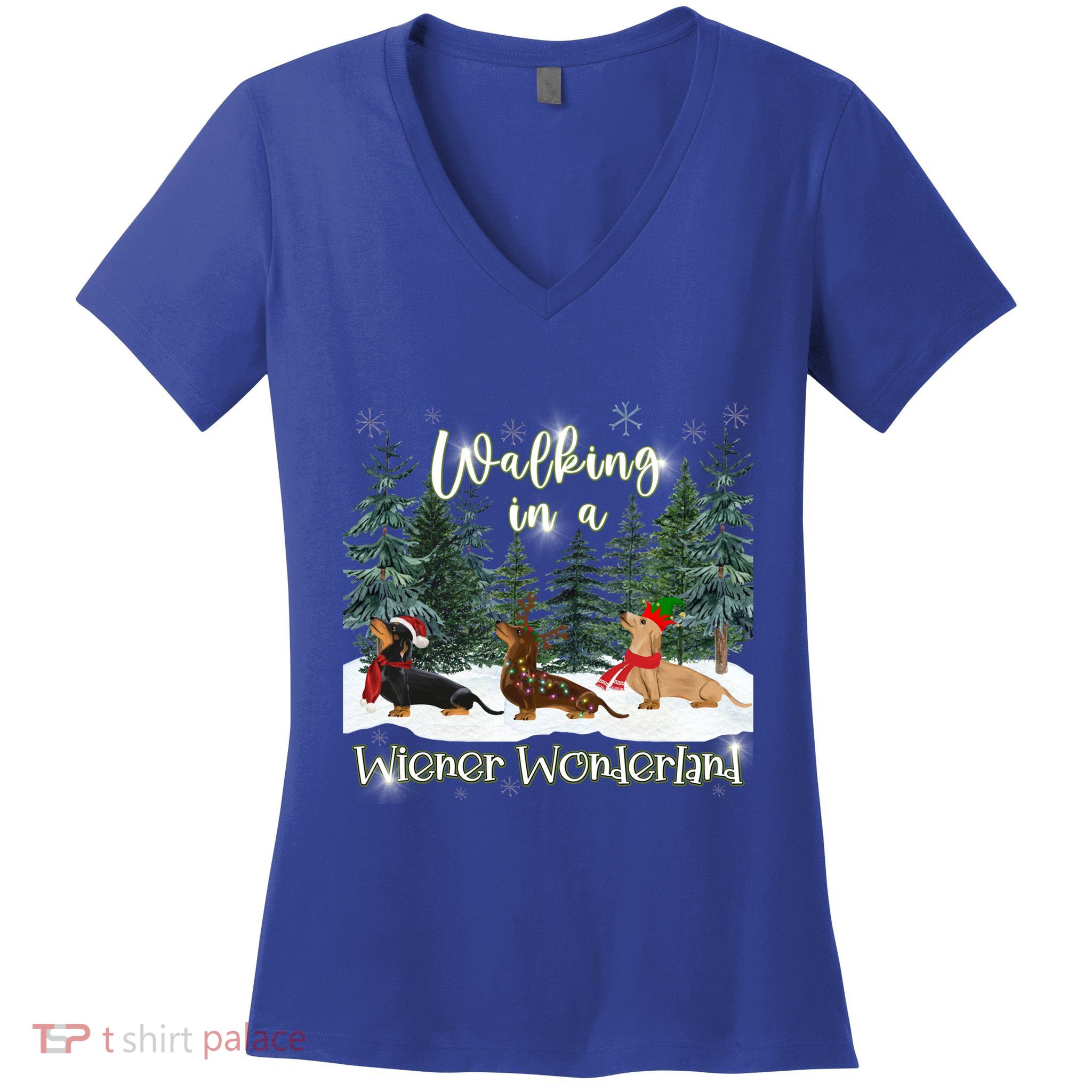 Walking In A Wiener Wonderland Dachshund Trio Funny Gift Women's V-Neck T-Shirt