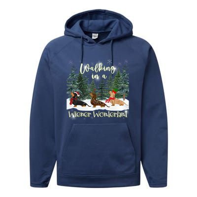 Walking In A Wiener Wonderland Dachshund Trio Funny Gift Performance Fleece Hoodie