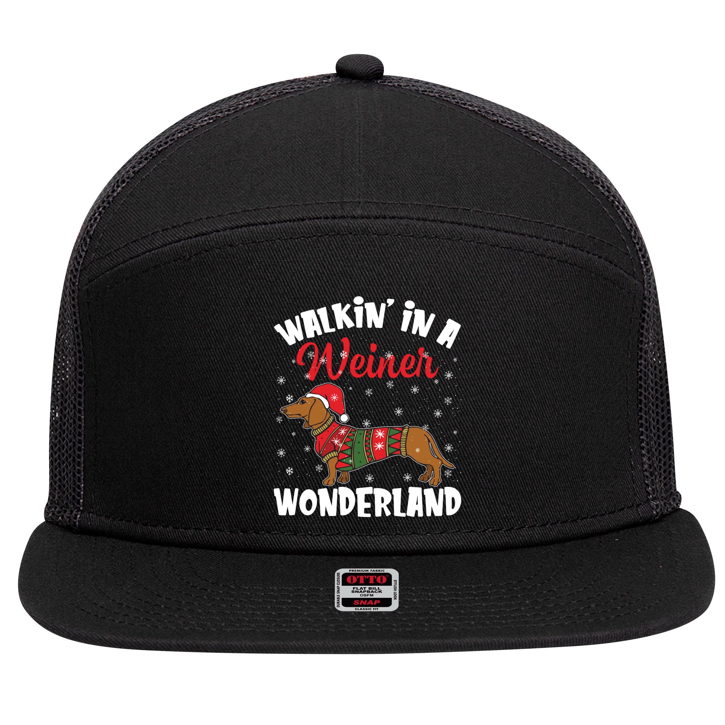 Walking In A Wiener Wonderland Funny Dachshund Christmas Cool Gift 7 Panel Mesh Trucker Snapback Hat