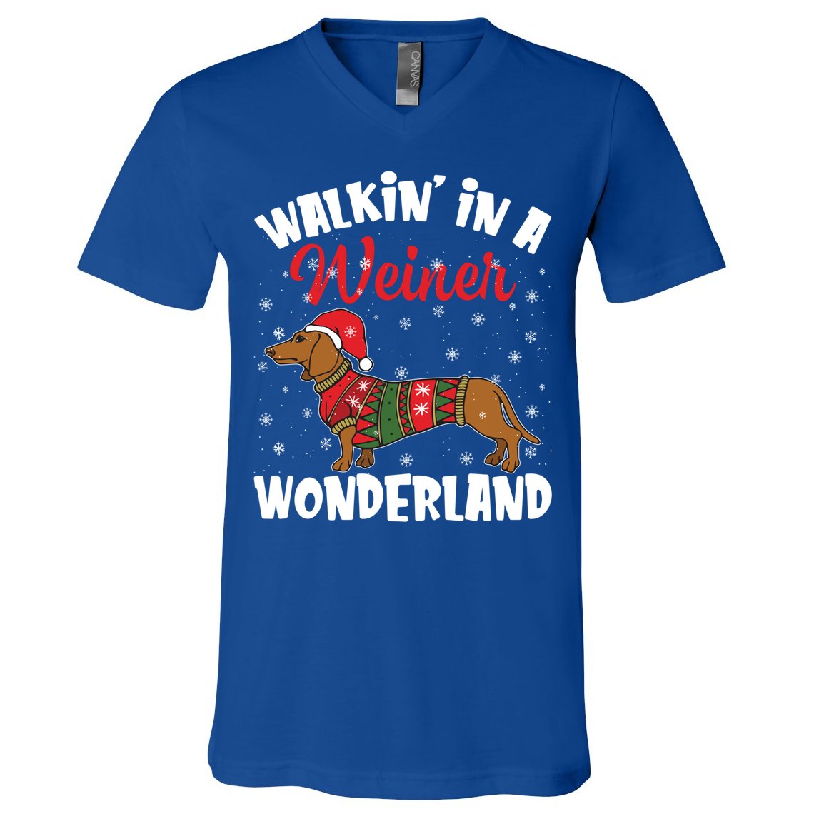 Walking In A Wiener Wonderland Funny Dachshund Christmas Cool Gift V-Neck T-Shirt