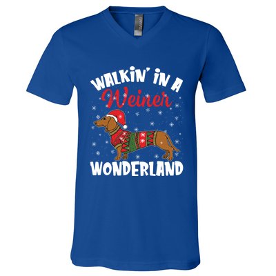 Walking In A Wiener Wonderland Funny Dachshund Christmas Cool Gift V-Neck T-Shirt