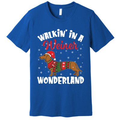 Walking In A Wiener Wonderland Funny Dachshund Christmas Cool Gift Premium T-Shirt