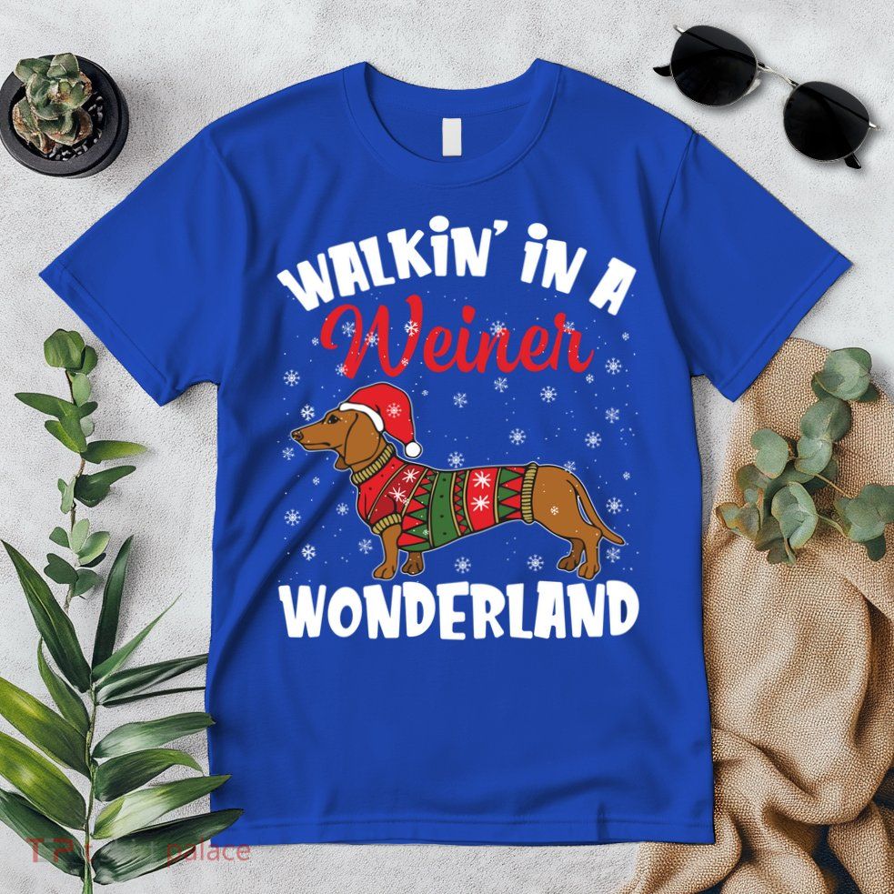 Walking In A Wiener Wonderland Funny Dachshund Christmas Cool Gift Premium T-Shirt