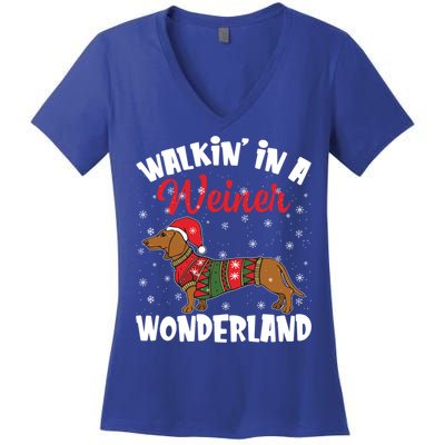 Walking In A Wiener Wonderland Funny Dachshund Christmas Cool Gift Women's V-Neck T-Shirt