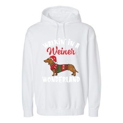 Walking In A Wiener Wonderland Funny Dachshund Christmas Cool Gift Garment-Dyed Fleece Hoodie