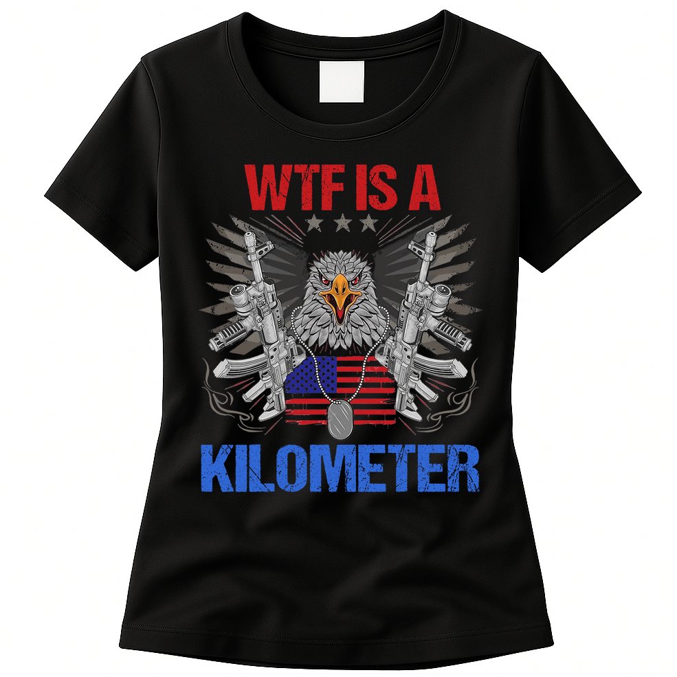 Wtf Is A Kilometer Eagle American Flag Usa 4th Of July Womens T-Shirt