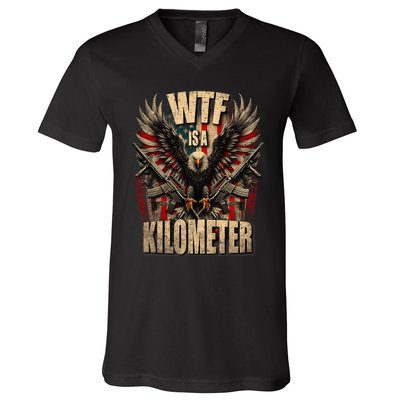 Wtf Is A Kilometer Eagle Badge American Signature Burger V-Neck T-Shirt