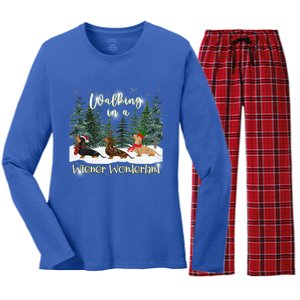 Walking In A Wiener Wonderland Dachshund Trio Gift Women's Long Sleeve Flannel Pajama Set 