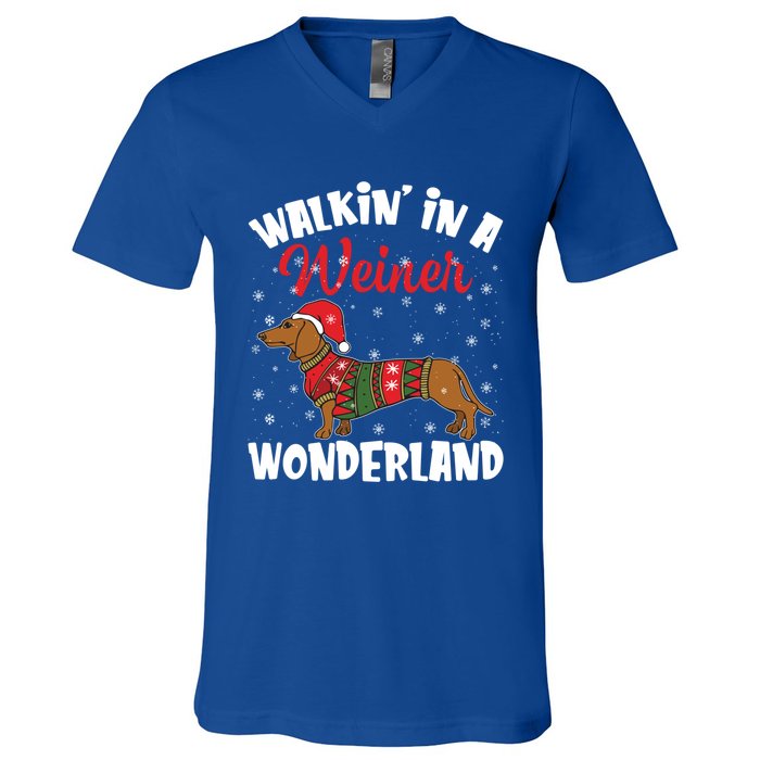 Walking In A Wiener Wonderland Funny Dachshund Christmas Cute Gift V-Neck T-Shirt