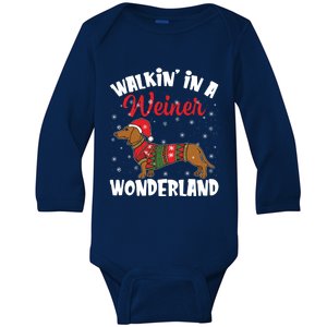 Walking In A Wiener Wonderland Funny Dachshund Christmas Cute Gift Baby Long Sleeve Bodysuit