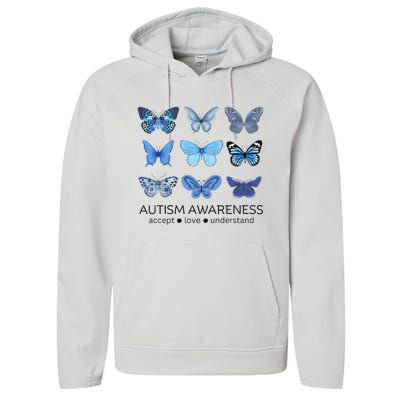 Women In April We Wear Blue Butterfly Autism Mental Health Performance Fleece Hoodie