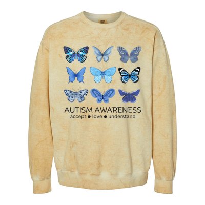 Women In April We Wear Blue Butterfly Autism Mental Health Colorblast Crewneck Sweatshirt