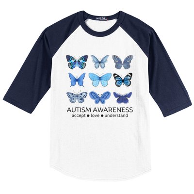 Women In April We Wear Blue Butterfly Autism Mental Health Baseball Sleeve Shirt