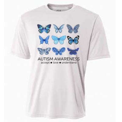 Women In April We Wear Blue Butterfly Autism Mental Health Cooling Performance Crew T-Shirt