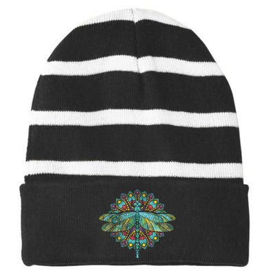 Wildlife Insect Animal Lover Hippie Gift Nature Dragonfly Striped Beanie with Solid Band