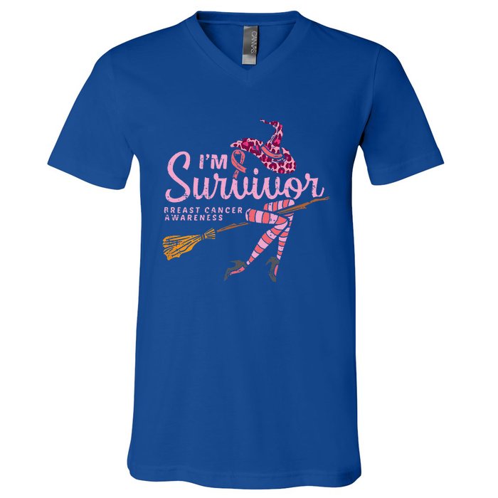 Witch Im A Survivor Halloween Breast Cancer Awareness Funny V-Neck T-Shirt