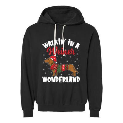 Walking In A Wiener Wonderland Funny Dachshund Christmas Garment-Dyed Fleece Hoodie