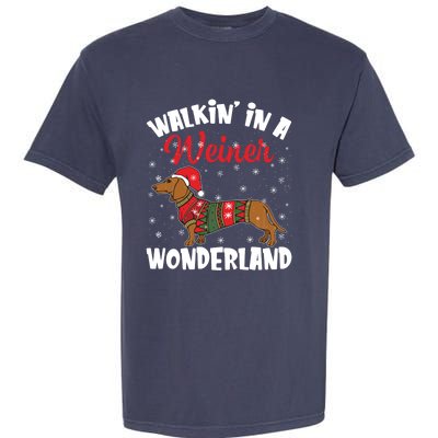 Walking In A Wiener Wonderland Funny Dachshund Christmas Garment-Dyed Heavyweight T-Shirt