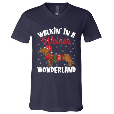 Walking In A Wiener Wonderland Funny Dachshund Christmas V-Neck T-Shirt