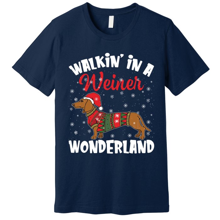 Walking In A Wiener Wonderland Funny Dachshund Christmas Premium T-Shirt