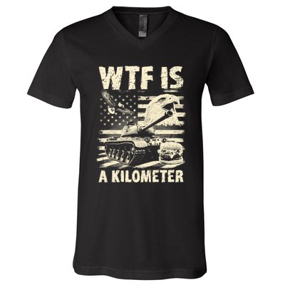 Wtf Is A Kilometer Eagle Badge American Signature Burger Vintage Design V-Neck T-Shirt