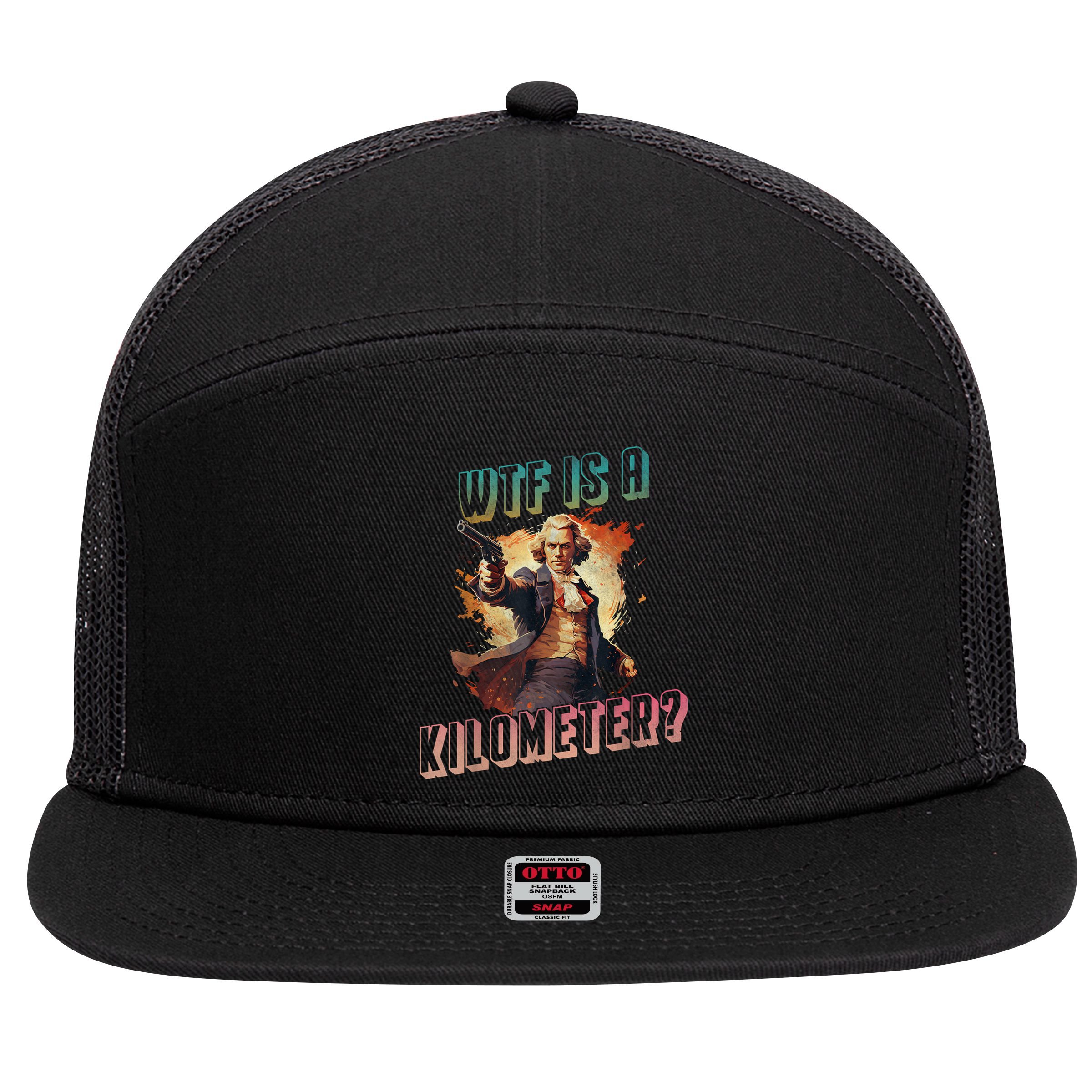 WTF Is A Kilometer Funny American George Washington 7 Panel Mesh Trucker Snapback Hat