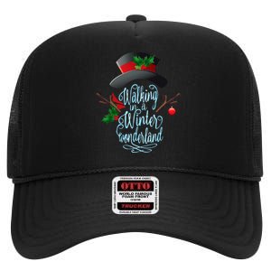 Walking in a Winter Wonderland  Snowman Christmas Holiday High Crown Mesh Back Trucker Hat