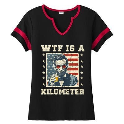 Wtf Is A Kilometer Abe Lincoln July 4th Funny Patriotic Ladies Halftime Notch Neck Tee