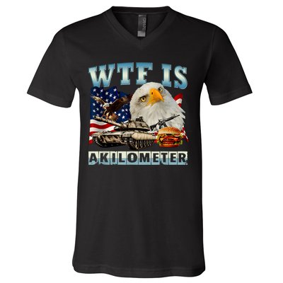 Wtf Is A Kilometer Eagle Badge American Signature Burger V-Neck T-Shirt