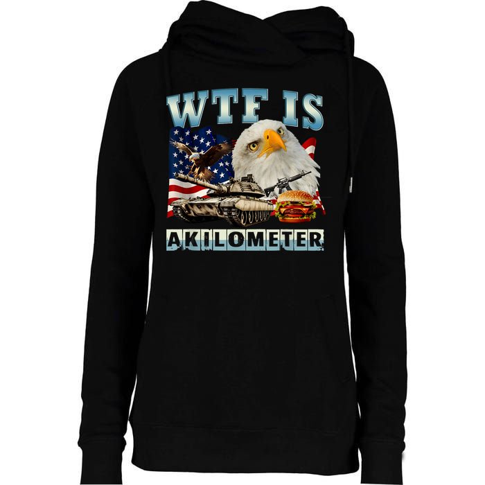 Wtf Is A Kilometer Eagle Badge American Signature Burger Womens Funnel Neck Pullover Hood