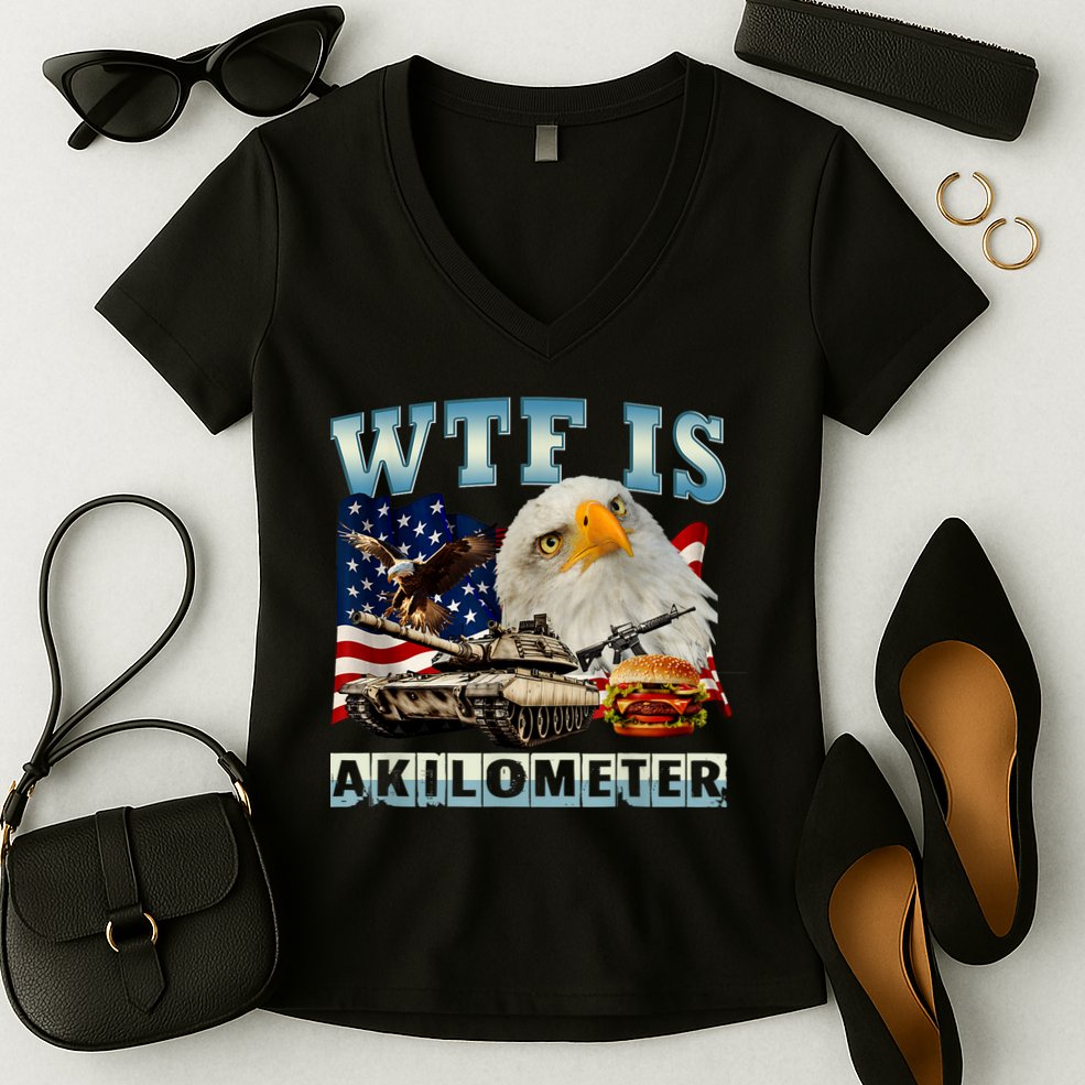 Wtf Is A Kilometer Eagle Badge American Signature Burger Women's V-Neck T-Shirt