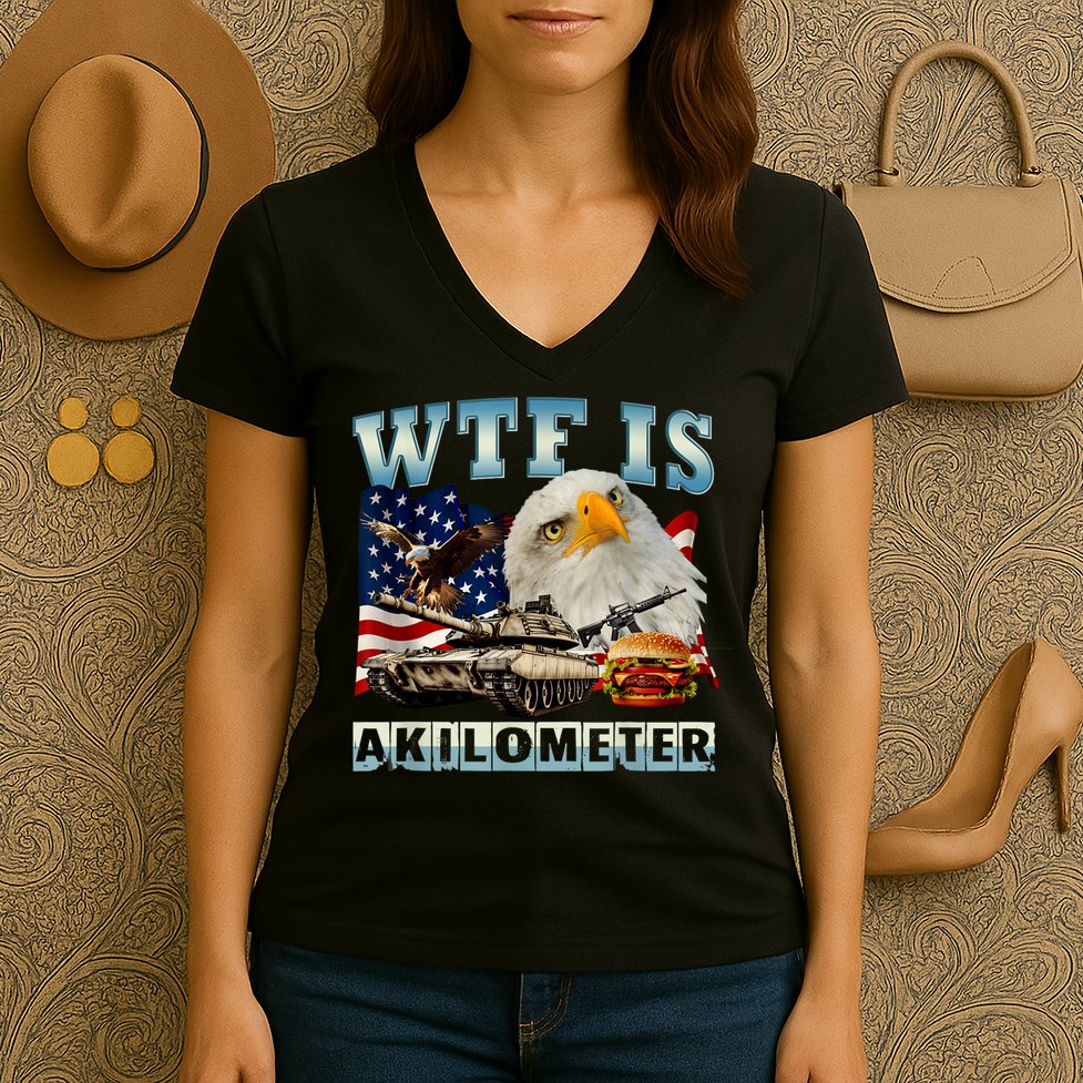 Wtf Is A Kilometer Eagle Badge American Signature Burger Women's V-Neck T-Shirt