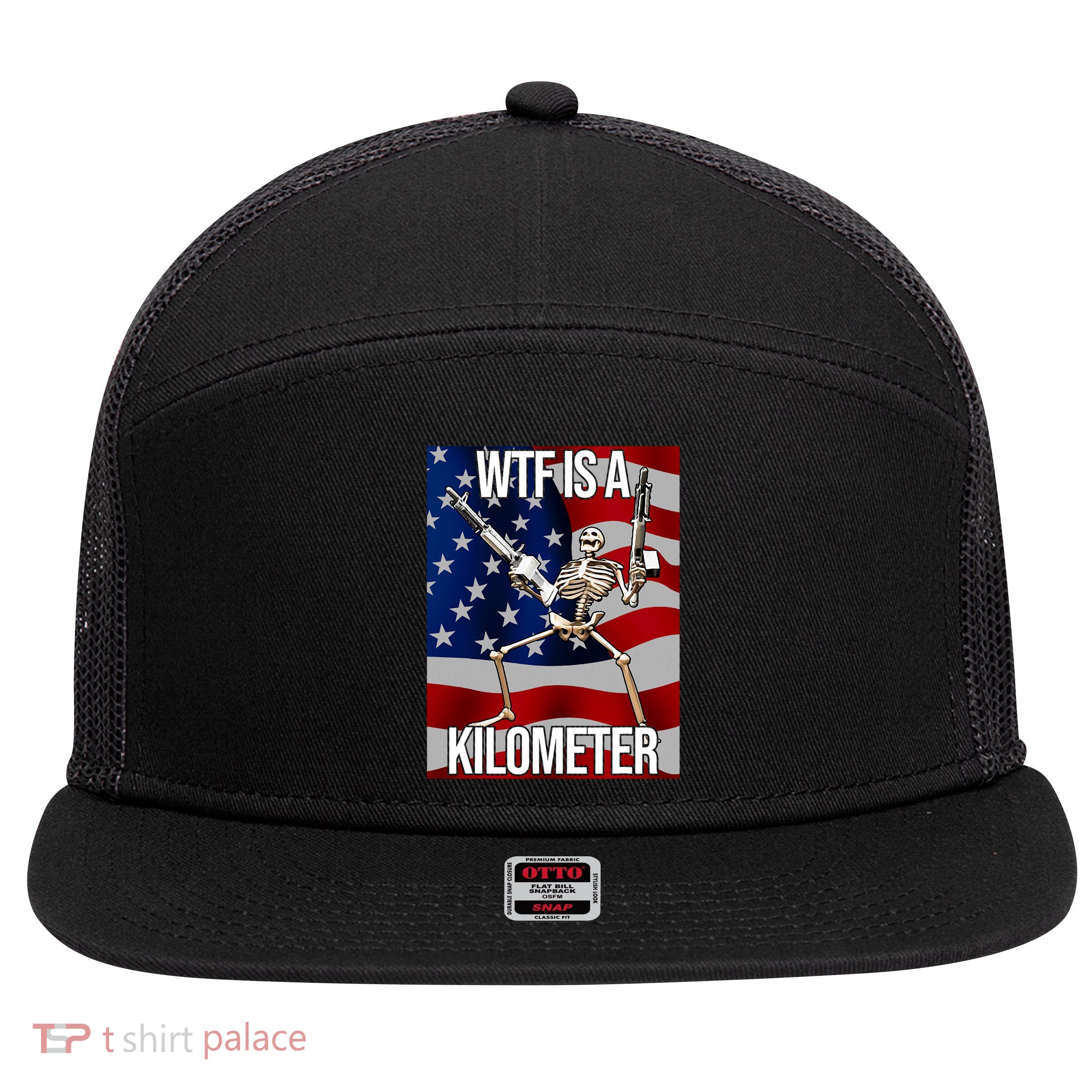 Wtf Is A Kilometer American Skeleton Funny 7 Panel Mesh Trucker Snapback Hat