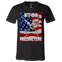 Wtf Is A Kilometer American Skeleton Funny V-Neck T-Shirt