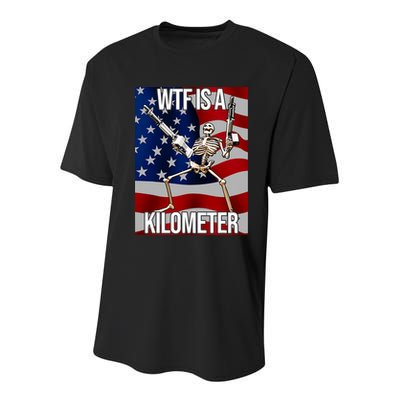 Wtf Is A Kilometer American Skeleton Funny Youth Performance Sprint T-Shirt