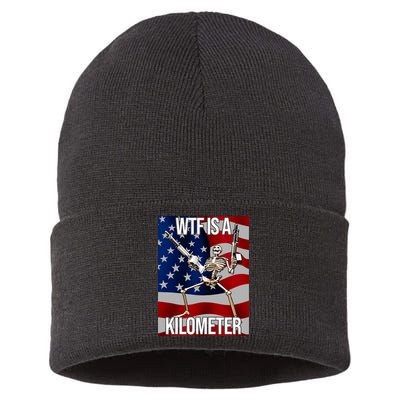 Wtf Is A Kilometer American Skeleton Funny Sustainable Knit Beanie