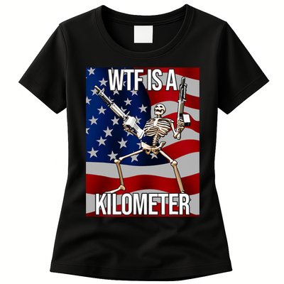 Wtf Is A Kilometer American Skeleton Funny Womens T-Shirt