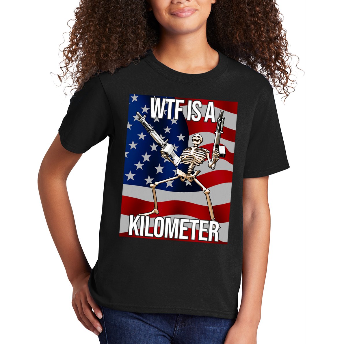 Wtf Is A Kilometer American Skeleton Funny Kids T-Shirt