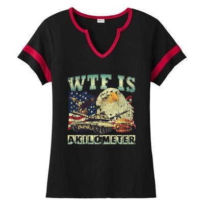 Wtf Is A Kilometer Eagle Badge American Signature Burger 4th Of July Gift Ladies Halftime Notch Neck Tee