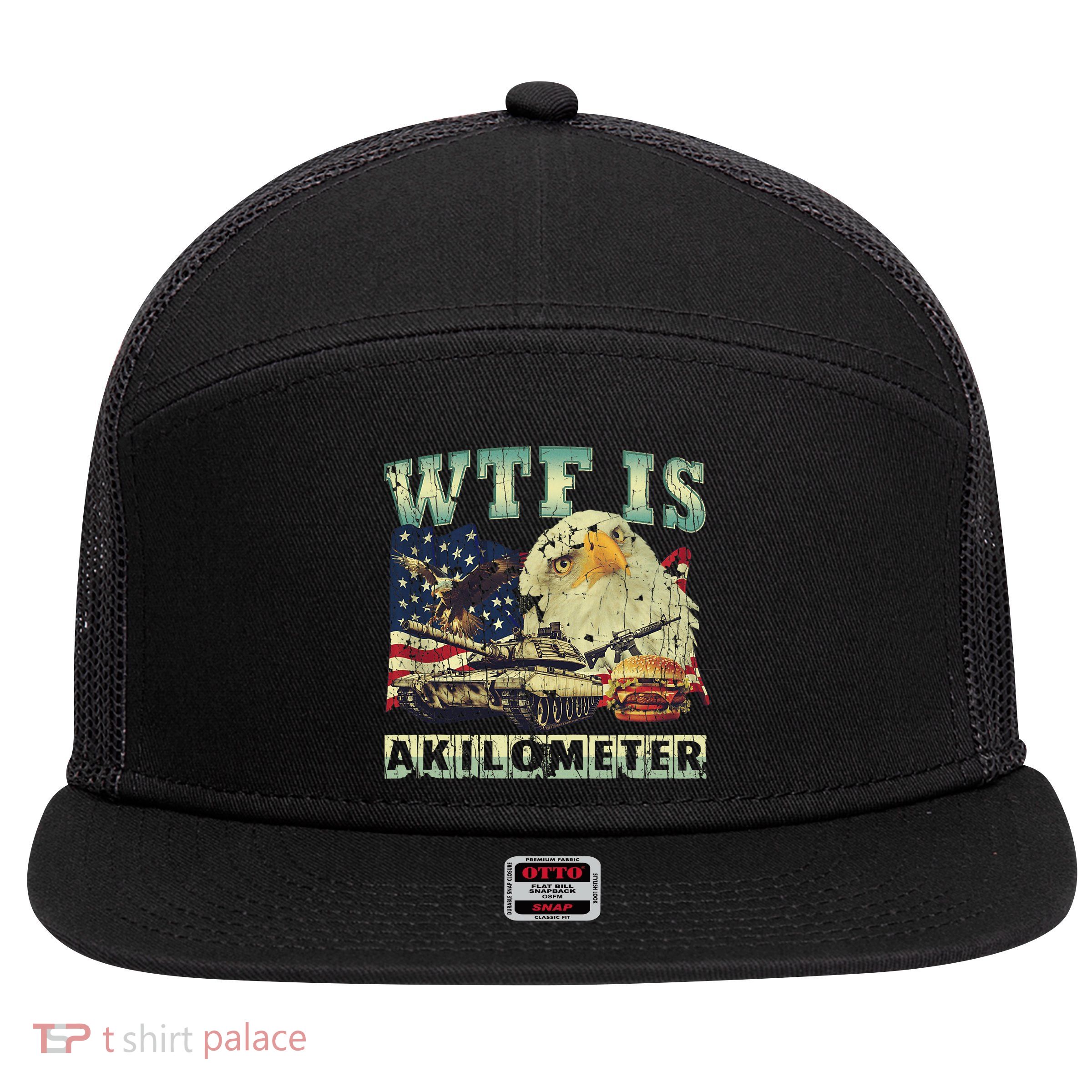 Wtf Is A Kilometer Eagle Badge American Signature Burger 4th Of July Gift 7 Panel Mesh Trucker Snapback Hat