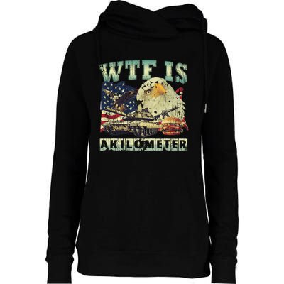 Wtf Is A Kilometer Eagle Badge American Signature Burger 4th Of July Gift Womens Funnel Neck Pullover Hood