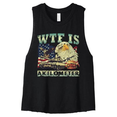 Wtf Is A Kilometer Eagle Badge American Signature Burger 4th Of July Gift Women's Racerback Cropped Tank