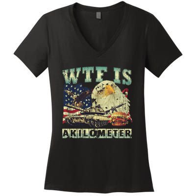 Wtf Is A Kilometer Eagle Badge American Signature Burger 4th Of July Gift Women's V-Neck T-Shirt