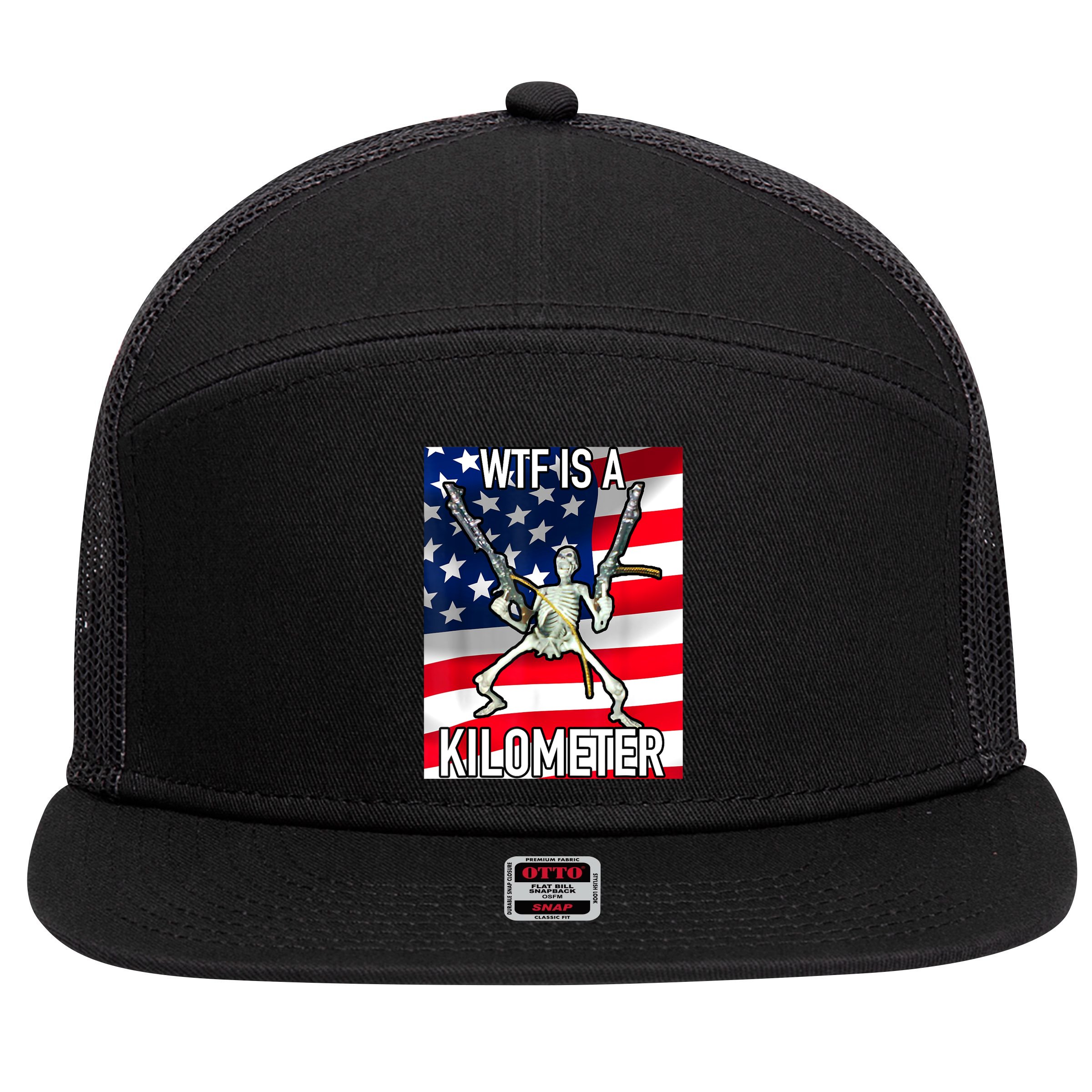 WTF Is A Kilometer July 4th Skeleton Funny Cringey USA Meme 7 Panel Mesh Trucker Snapback Hat