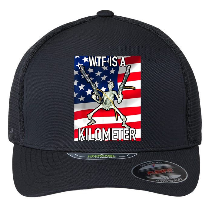 WTF Is A Kilometer July 4th Skeleton Funny Cringey USA Meme Flexfit Unipanel Trucker Cap