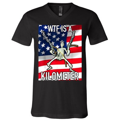 WTF Is A Kilometer July 4th Skeleton Funny Cringey USA Meme V-Neck T-Shirt