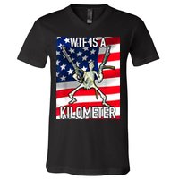 WTF Is A Kilometer July 4th Skeleton Funny Cringey USA Meme V-Neck T-Shirt