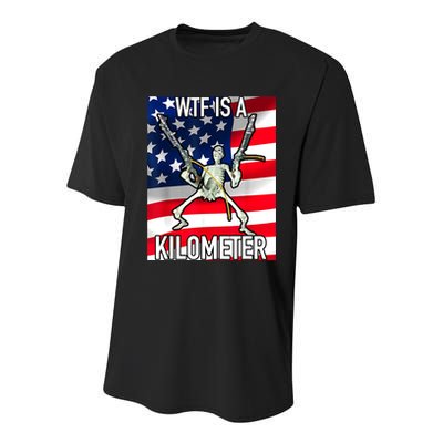 WTF Is A Kilometer July 4th Skeleton Funny Cringey USA Meme Youth Performance Sprint T-Shirt