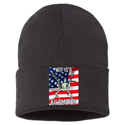 WTF Is A Kilometer July 4th Skeleton Funny Cringey USA Meme Sustainable Knit Beanie