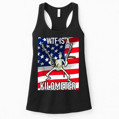 WTF Is A Kilometer July 4th Skeleton Funny Cringey USA Meme Womens Tank Top